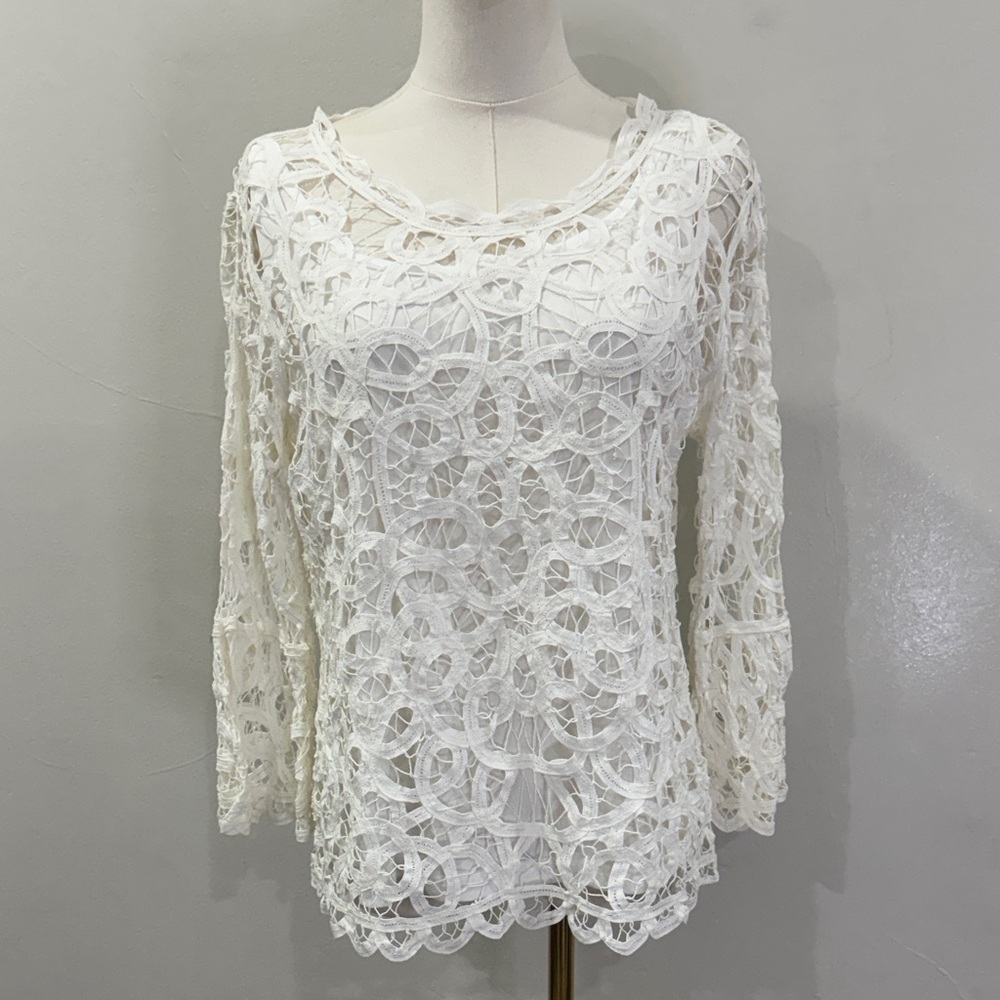 NWT J.McLaughlin ‘Cosette’ White Battenburg Lace Blouse – Size L – $178 Retail